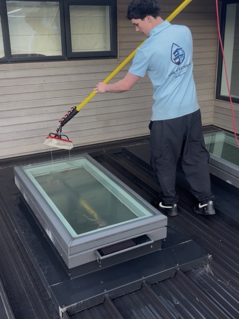 Cleaning a flat-roof skylight with a water-fed pole brush